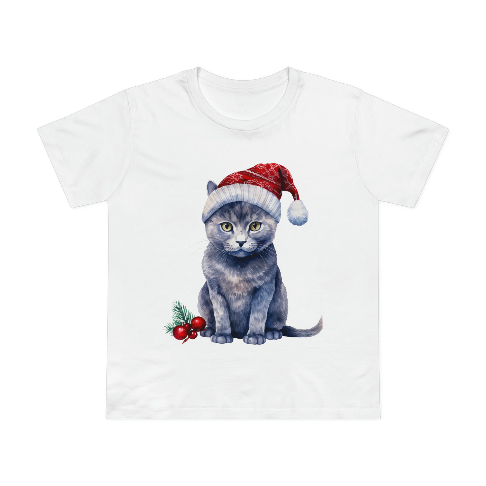 Christmas Cats, British Shorthair Cat | Women's Premium Cotton Crewneck T-Shirt in White, Size AU XS-2XL | Regular Fit, Short Sleeves, Preshrunk Material