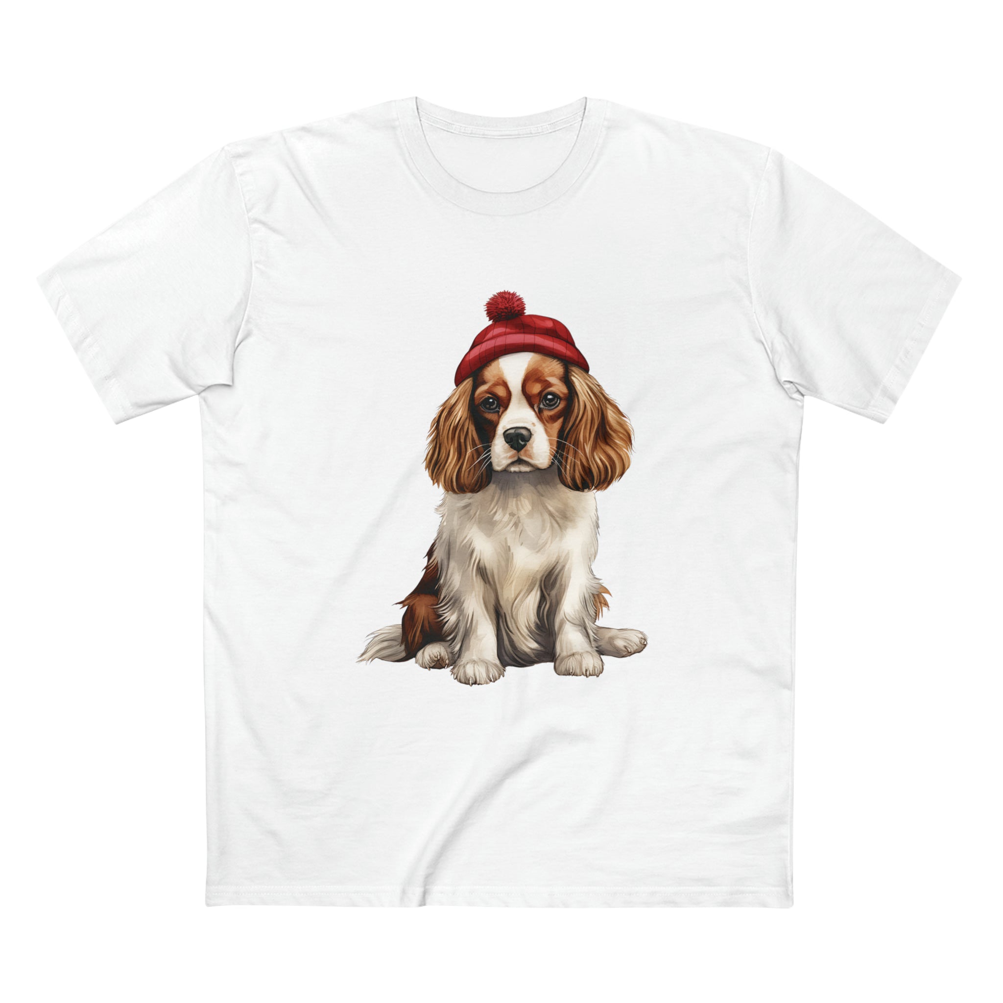 Christmas Dogs, Cavalier Spaniel Dog | Unisex Premium Cotton Crewneck T-Shirt in White, Size AU S-5XL | Regular Fit, Short Sleeves, Preshrunk Material