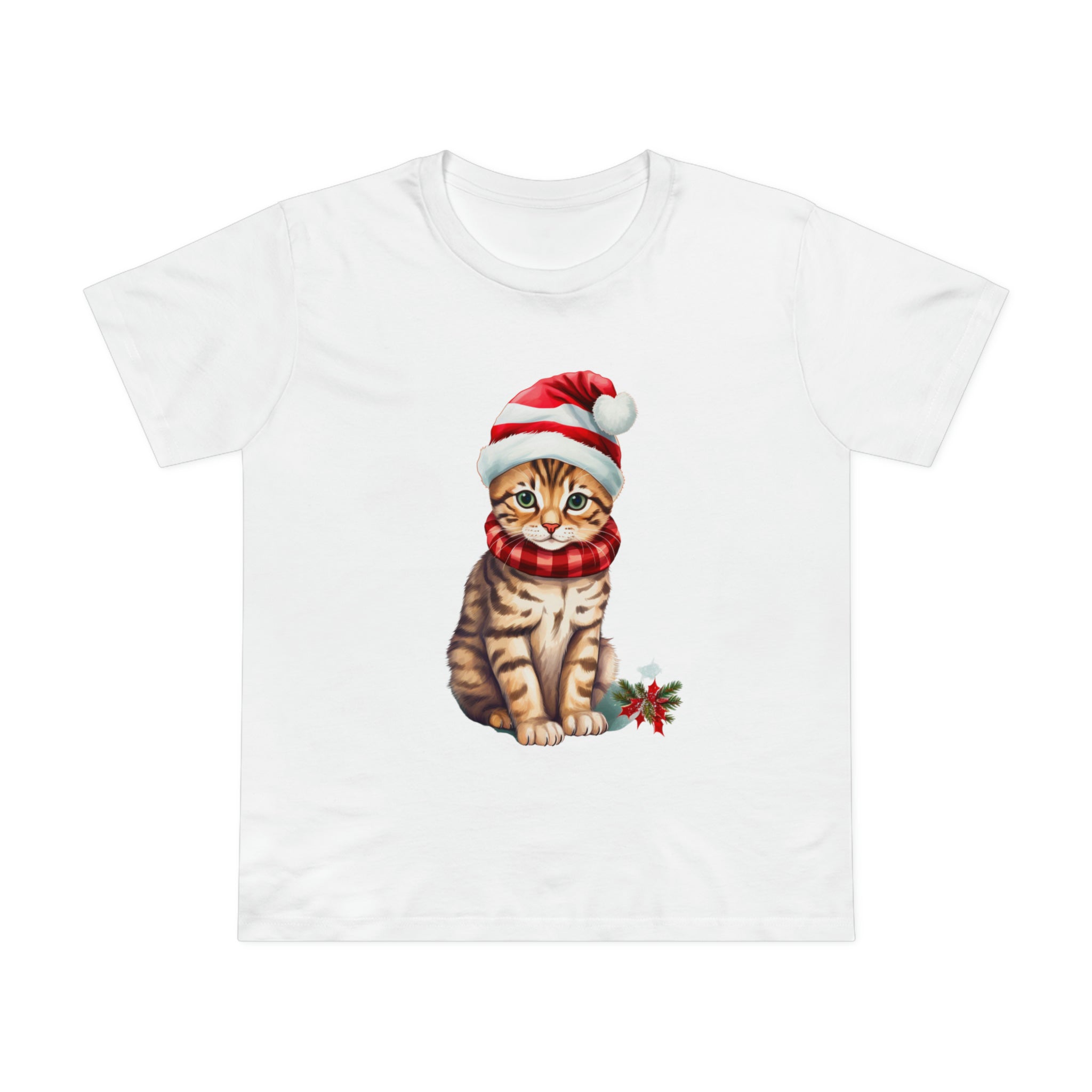 Christmas Cats, Toyger Cat | Women's Premium Cotton Crewneck T-Shirt in White, Size AU XS-2XL | Regular Fit, Short Sleeves, Preshrunk Material